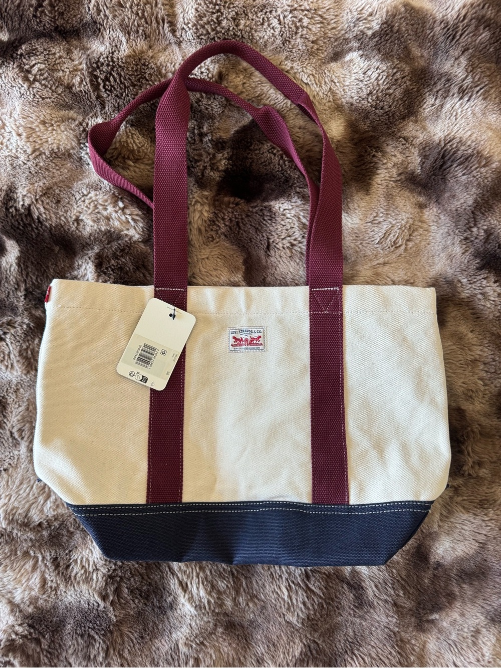 Levi's Cream Canvas Tote with Burgundy Straps and Navy Base